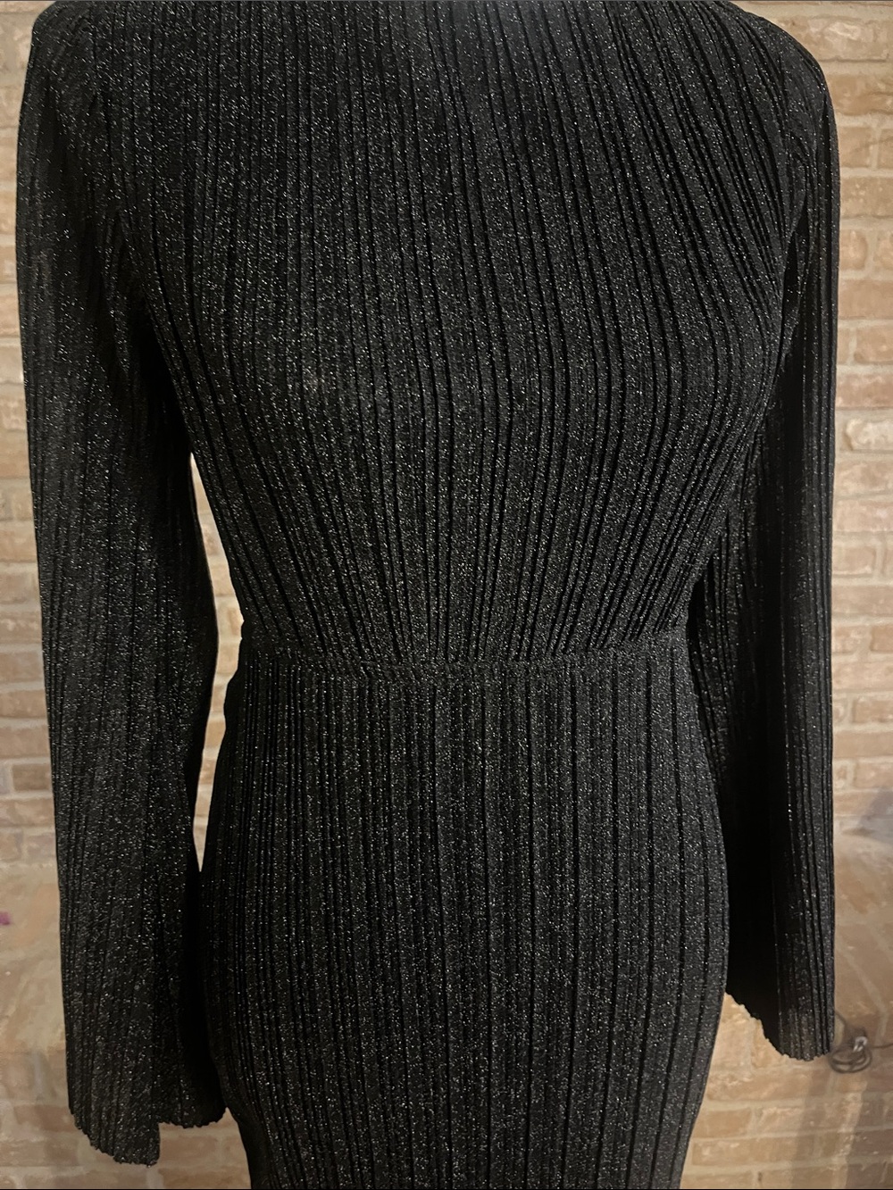 Black Metallic Pleated Open Back Maxi Dress | Long Sleeve - Picture 4 of 7